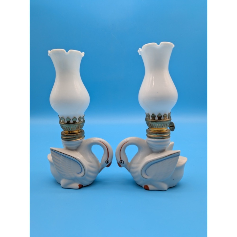Vintage Pair of Miniature Porcelain Swan Oil Lamps White Glass 7.5" Hong Kong